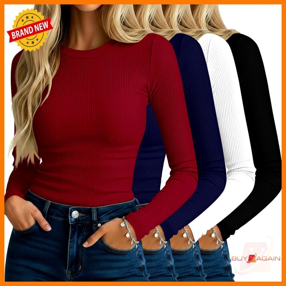 Ribbed Long Sleeve Cotton Tees Slim Fit Stretch Knit Casual Layering Essential